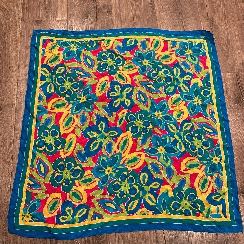 Vtg HONEY Bright Multicolor Floral Silk SIGNED SCARF Japan Preppy Career Spring